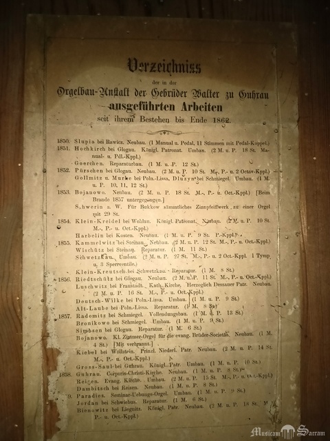 Lista instrumentów firmy Walter wewnątrz szafy organowej