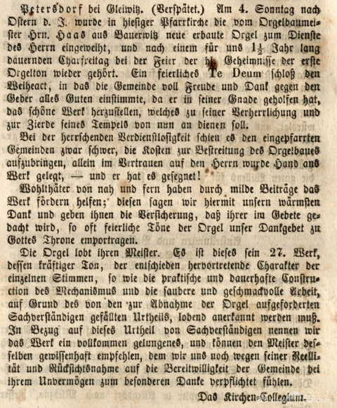 Wpis w gazecie „Schlesisches Kirchenblatt”
